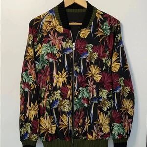 Zara Basic Palm Hawaiian Print Bomber Jacket